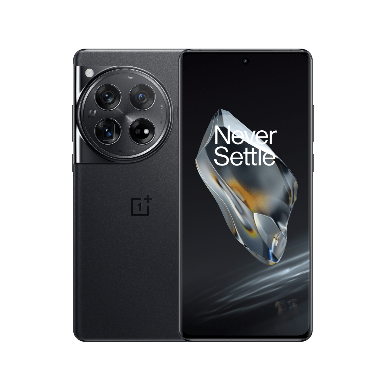 The image shows a sleek, black OnePlus smartphone with a prominent camera module and the "Never Settle" branding on the screen.