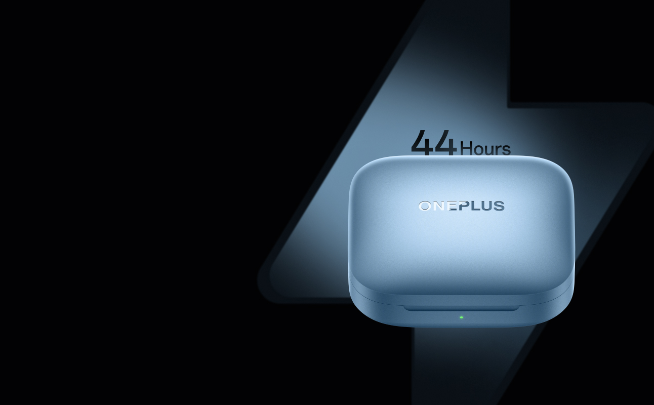 Silver cylindrical tech device with "44 Hours" display and "ONEPLUS" logo on a dark background.