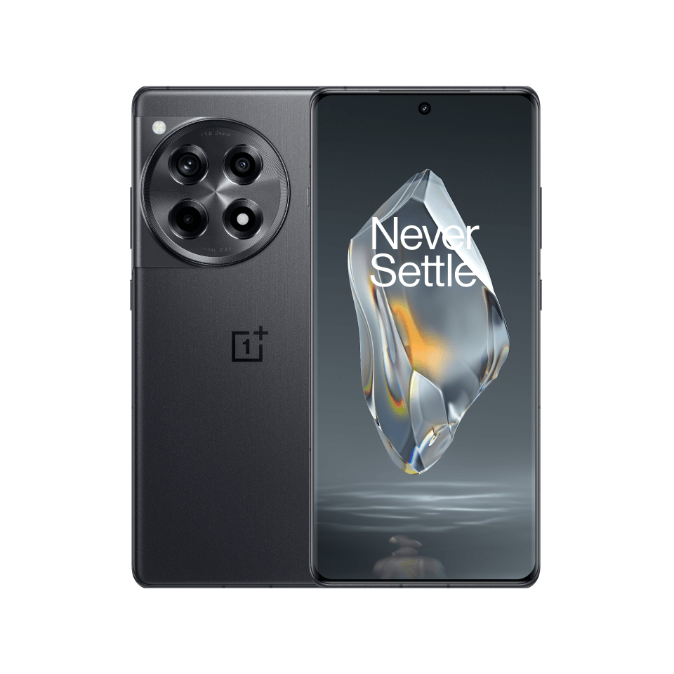 The image shows a sleek and modern smartphone from OnePlus, featuring a striking black color scheme and a distinctive camera setup on the rear. The device's screen prominently displays the "Never Settle" tagline, suggesting its premium and innovative nature.