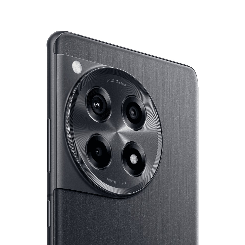 Sleek dark gray smartphone with four camera lenses.