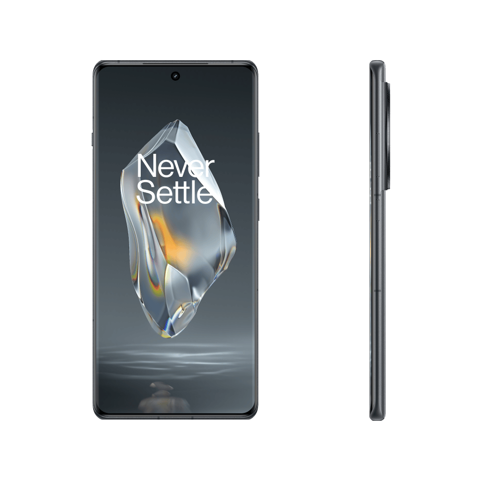 The image shows a black smartphone with a crystal-like display featuring the text "Never Settle". The phone has a sleek and modern design, with a minimalist appearance and a dark color scheme.