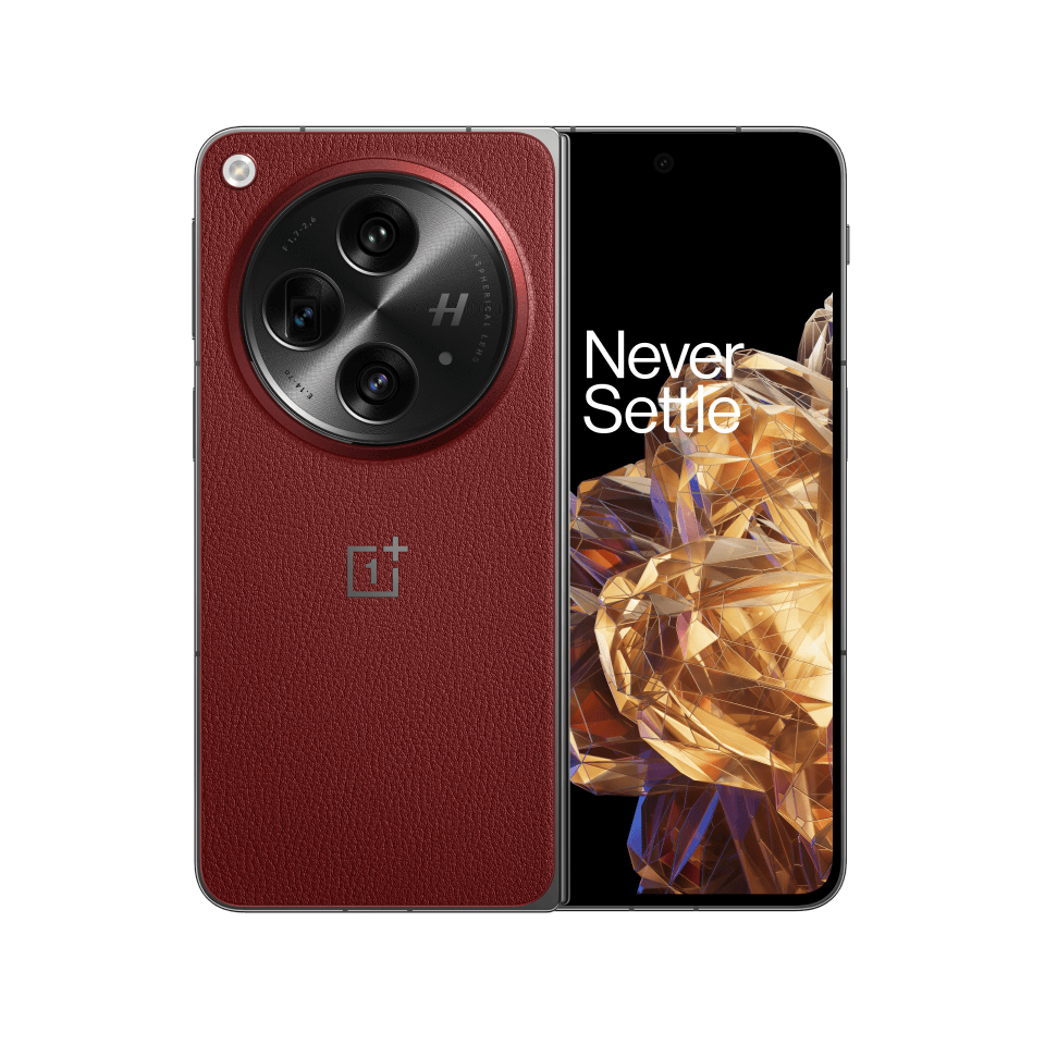 Red leather-textured smartphone with triple rear camera setup.