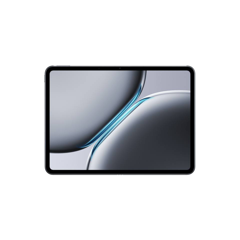 Sleek black and silver tablet with fluid abstract design.