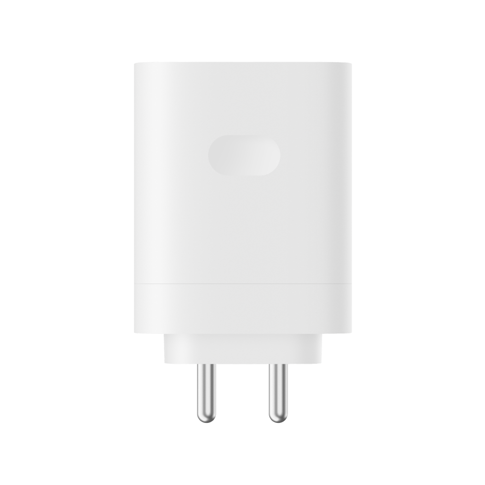 White rectangular power adapter with two prongs.