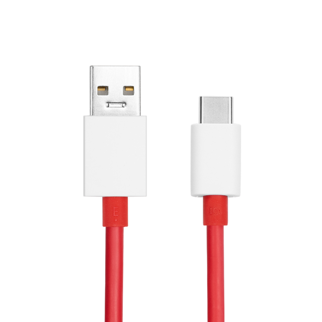 Bright white and red rectangular USB cable with metal connectors against black background.