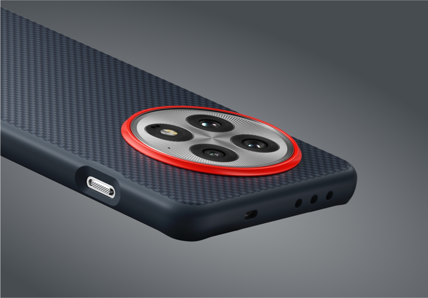 OnePlus 13 Aramid Fiber Magnetic Case (Official) 14 Sleek black smartphone case with red camera lens rim