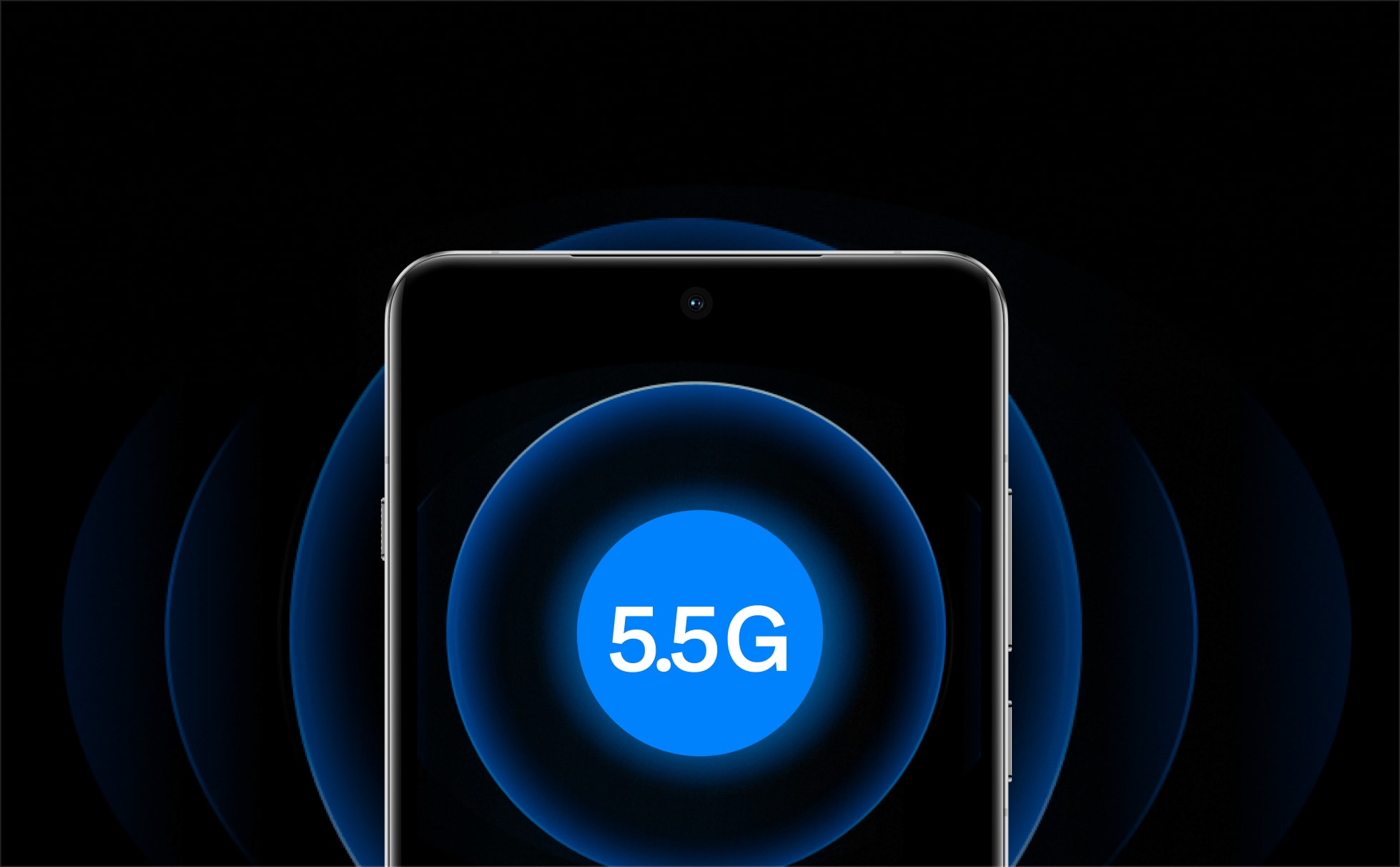Sleek black smartphone with a large blue 5.5G icon on the display, surrounded by blue circular shapes.
