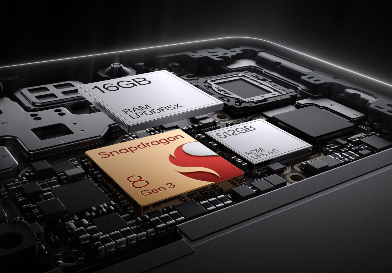 Monochromatic computer hardware components, including RAM, Snapdragon processor, and storage chips.