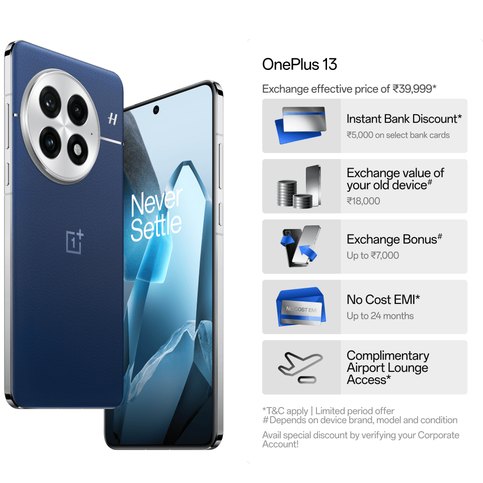 The main content of the image is a navy blue and silver smartphone, the OnePlus 13, with a sleek, modern design and a focus on the camera features. The image also includes details about the phone's exchange price, discounts, and other offers.