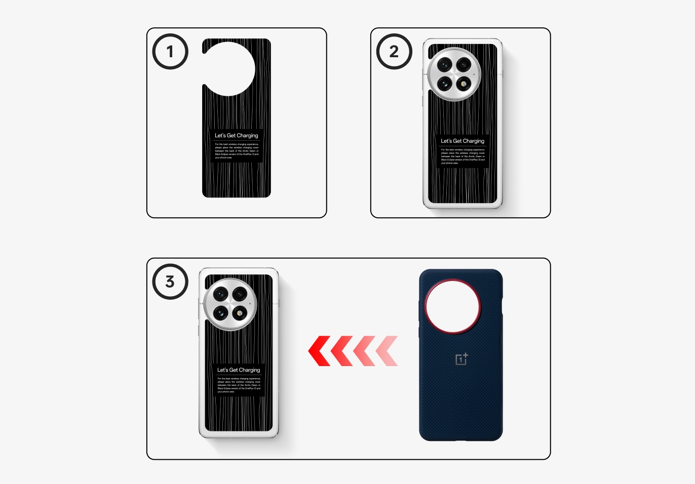 OnePlus 13 Aramid Fiber Magnetic Case (Official) 15 Image 1: Black and white phone case with "Let's Get Charging" text. Image 2: White phone case with multiple camera lenses and "Let's Get Charging" text. Image 3: Black and white phone case with "Let's Get Charging" text and a navy blue OnePlus phone case.