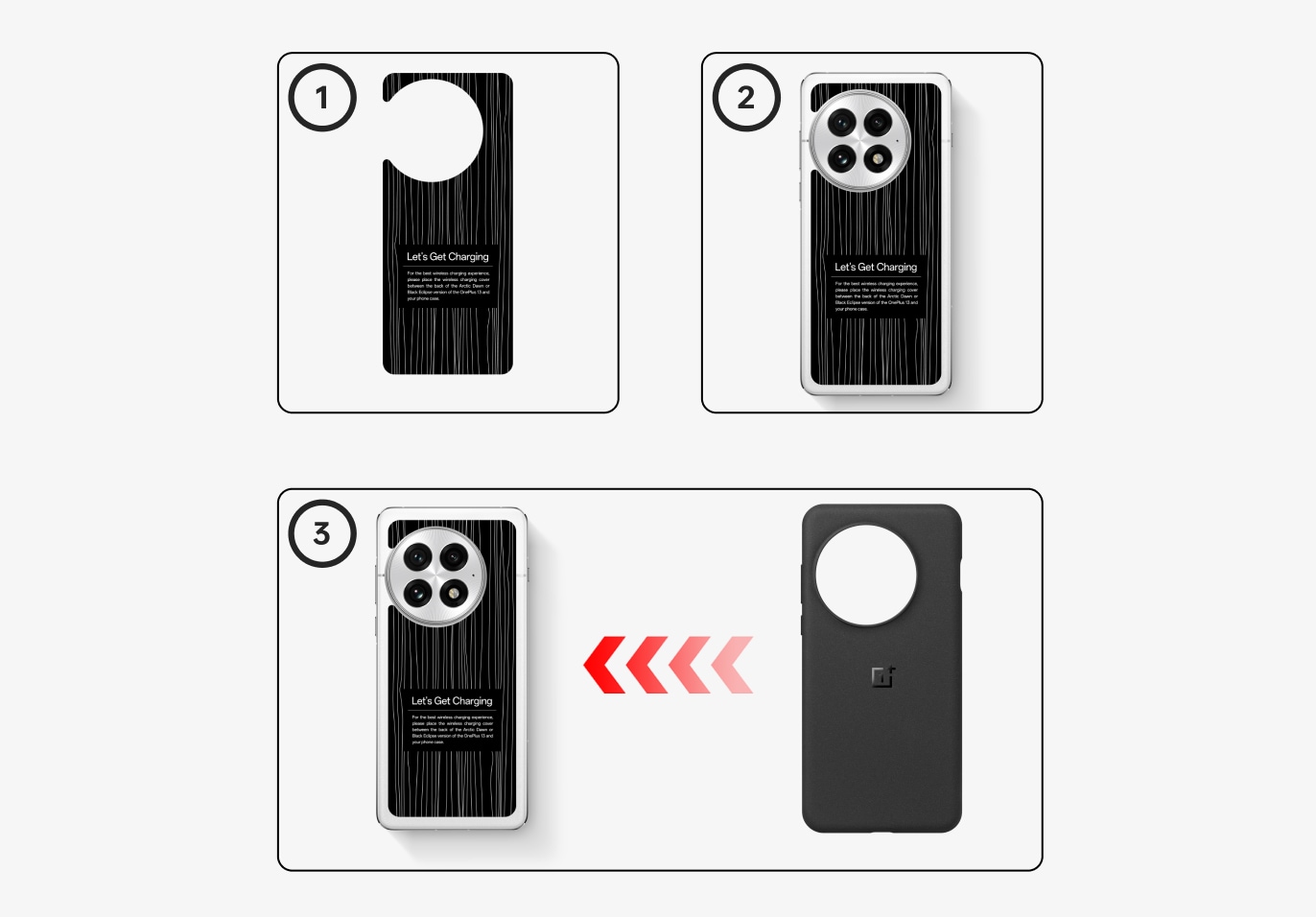 1. Rectangular black and white charging door hanger 2. Rectangular white smartphone with four circular camera lenses 3. Rectangular black and white smartphone with four circular camera lenses 4. Rectangular black smartphone case with a round opening