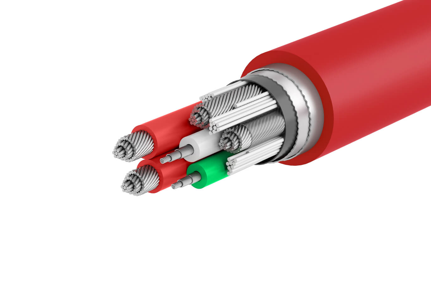 Coiled red electric cable with metallic wires.