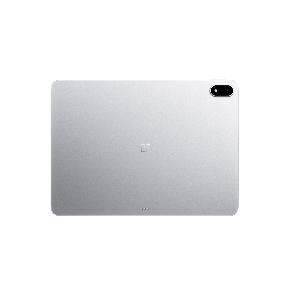 Silver tablet with sleek design and black camera lens.