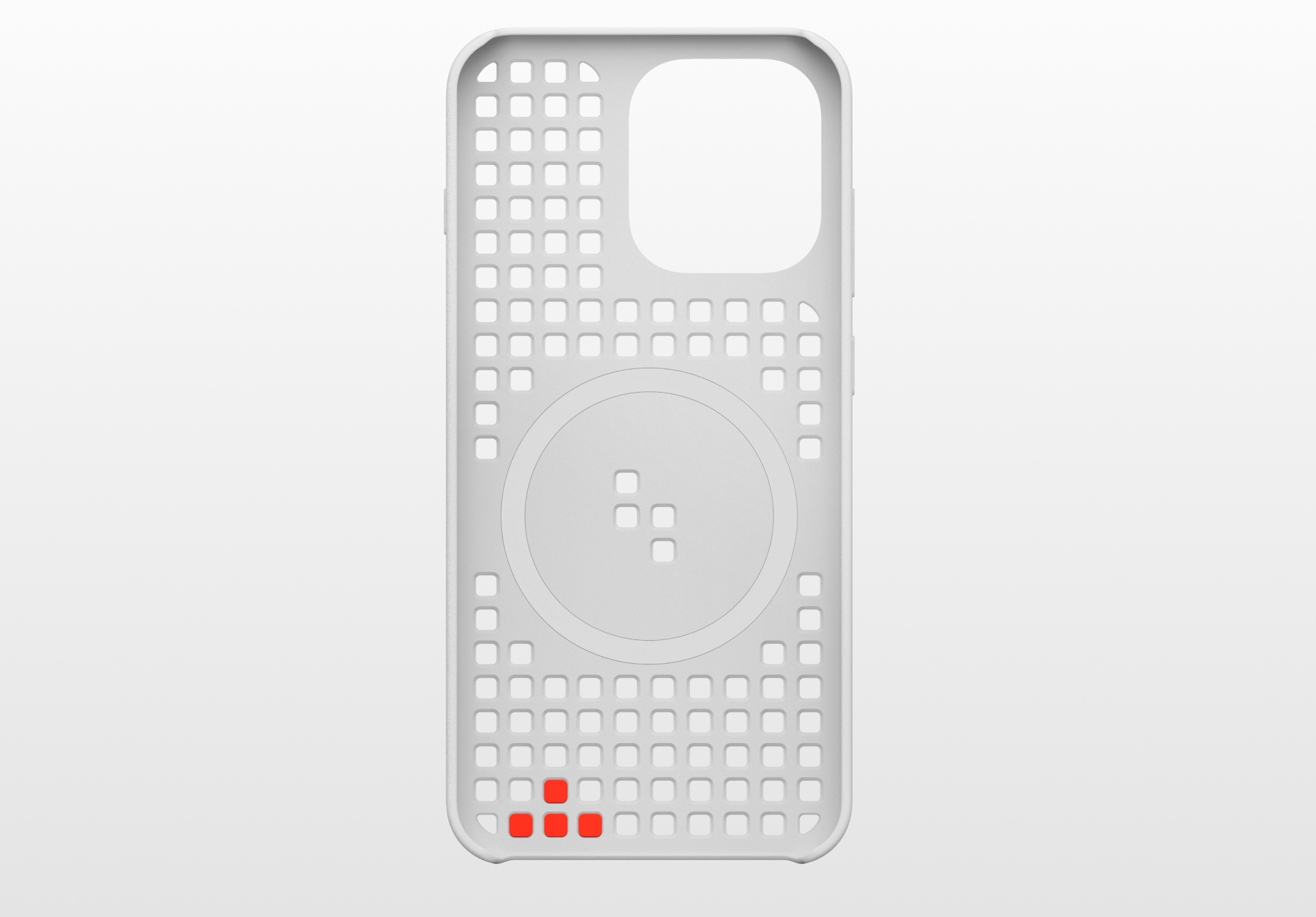 White perforated rectangular phone case with red squares