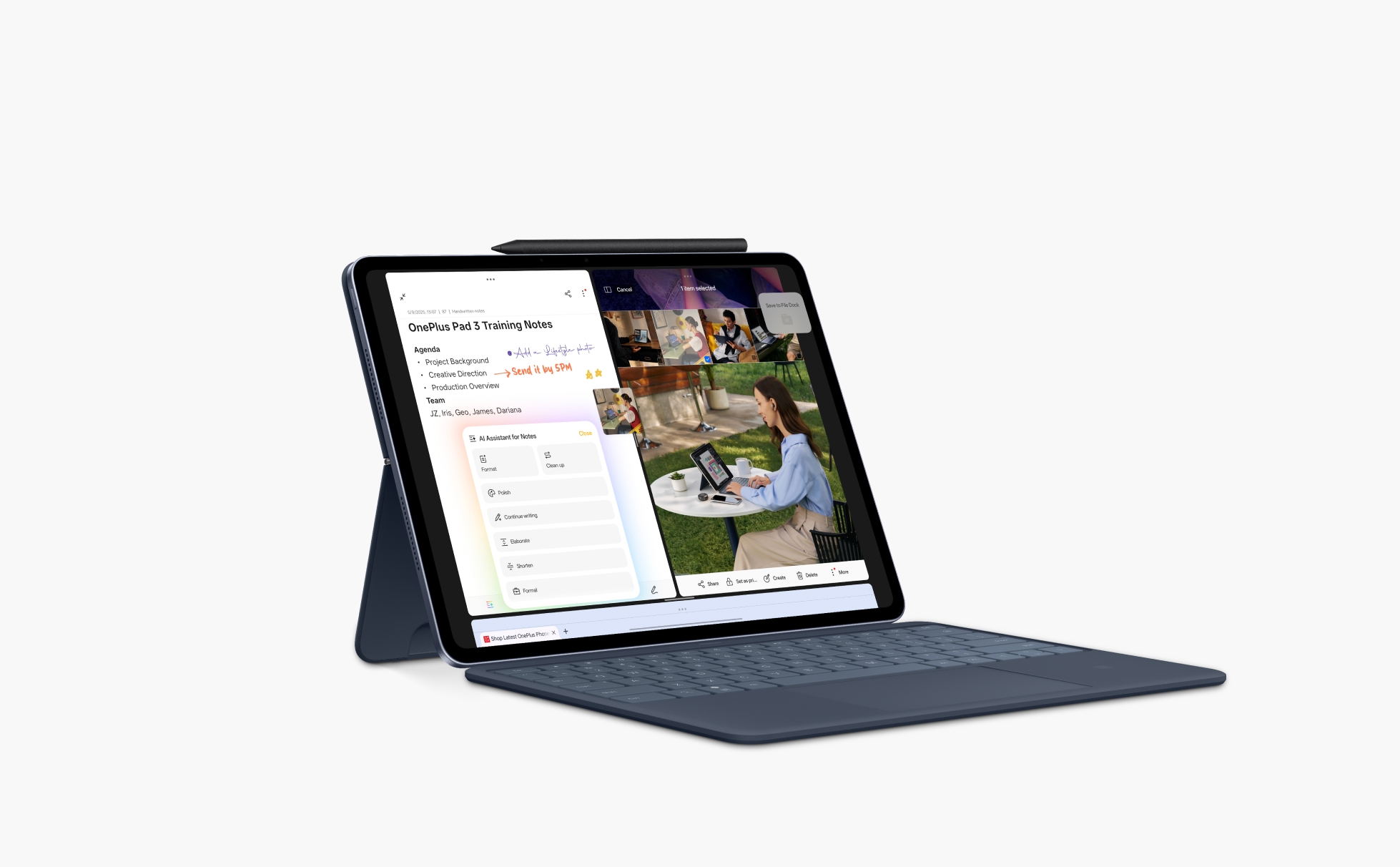 OnePlus Pad 3 tablet with the OnePlus Stylo 2 stylus and Smart Keyboard attached.