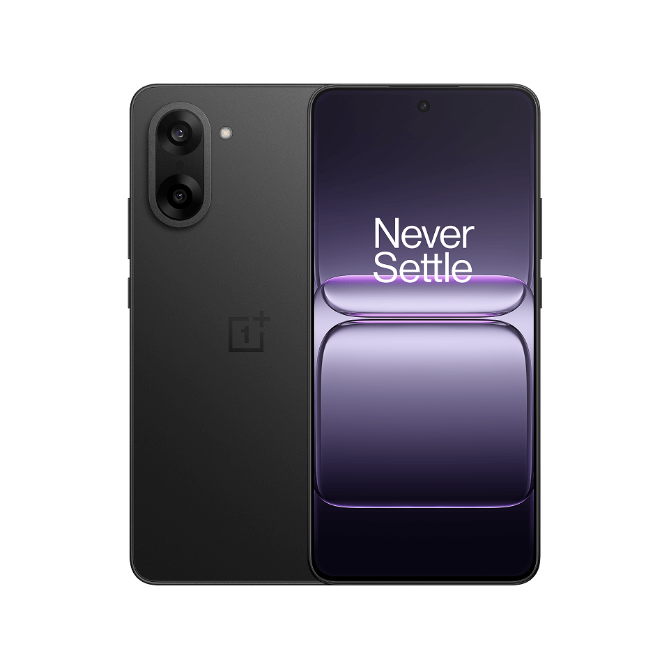Black OnePlus smartphone with dual cameras and "Never Settle" text on the screen.
