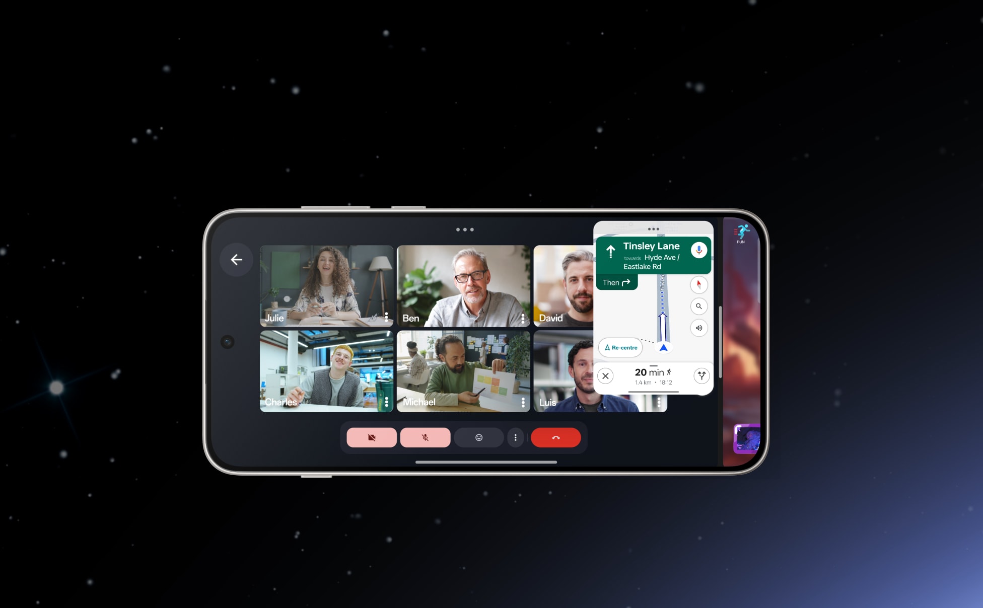Smartphone screen with a video conference call and navigation map.