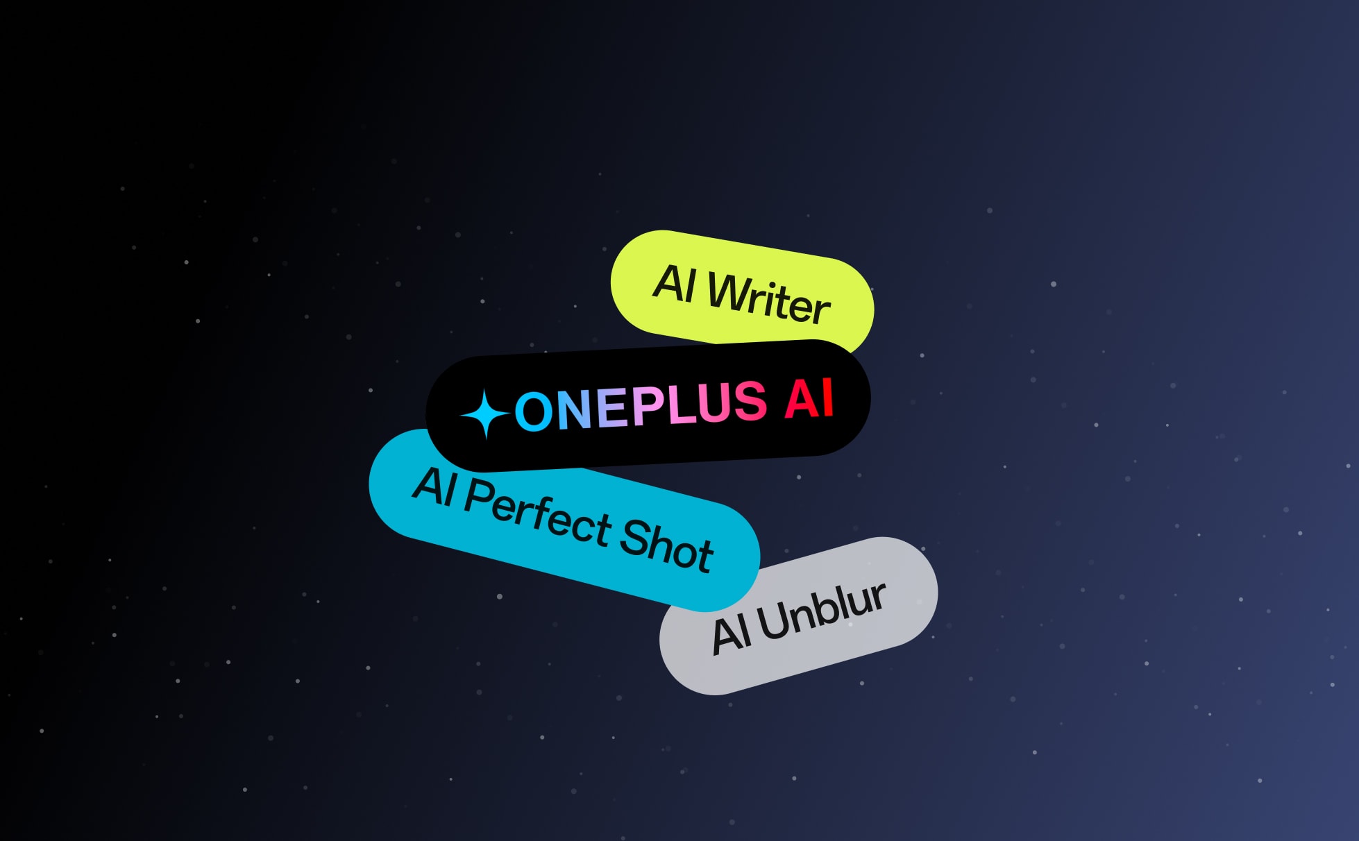Colorful neon labels describing AI features on a dark background.