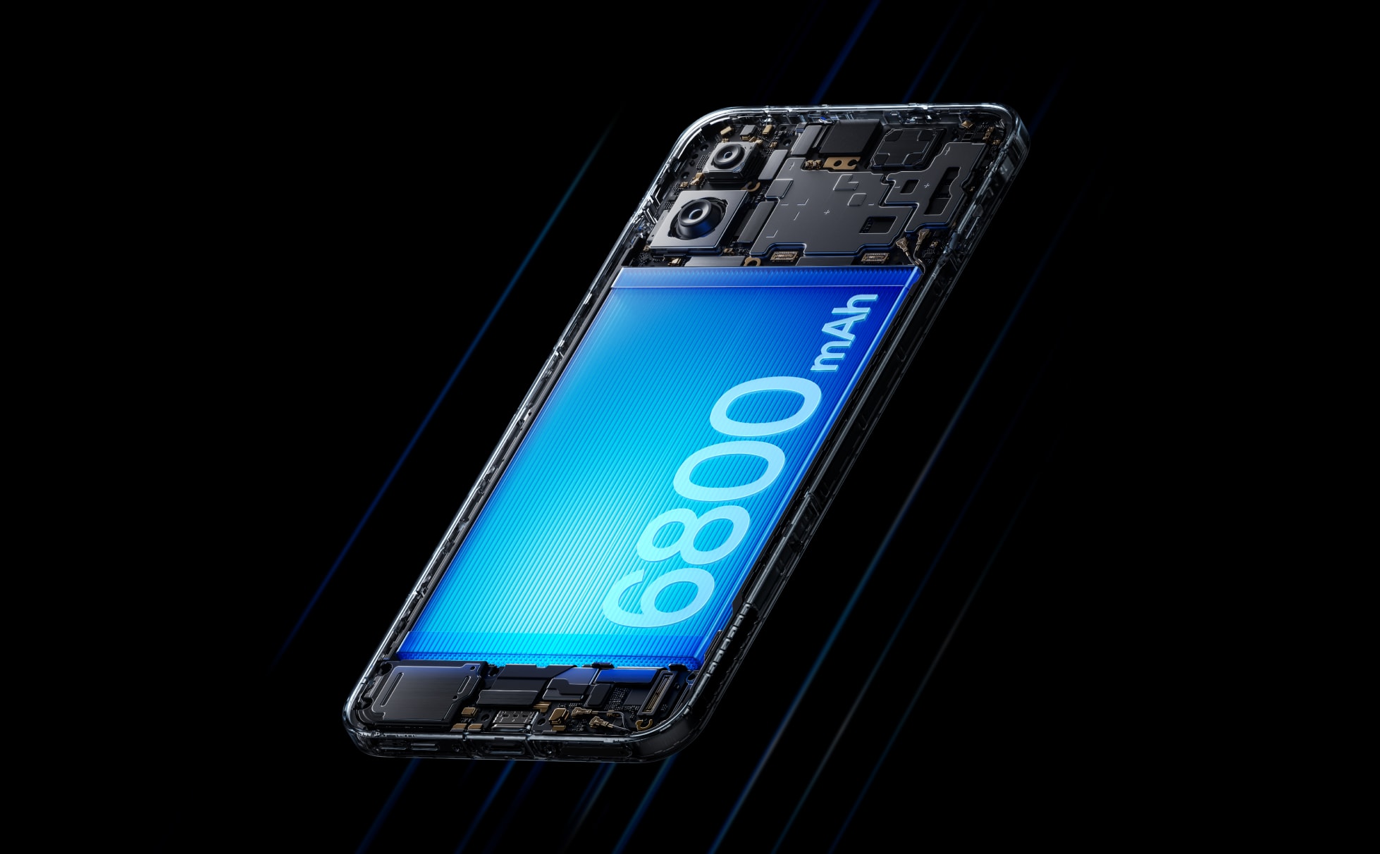 Transparent smartphone with blue screen displaying "6800 mAh".