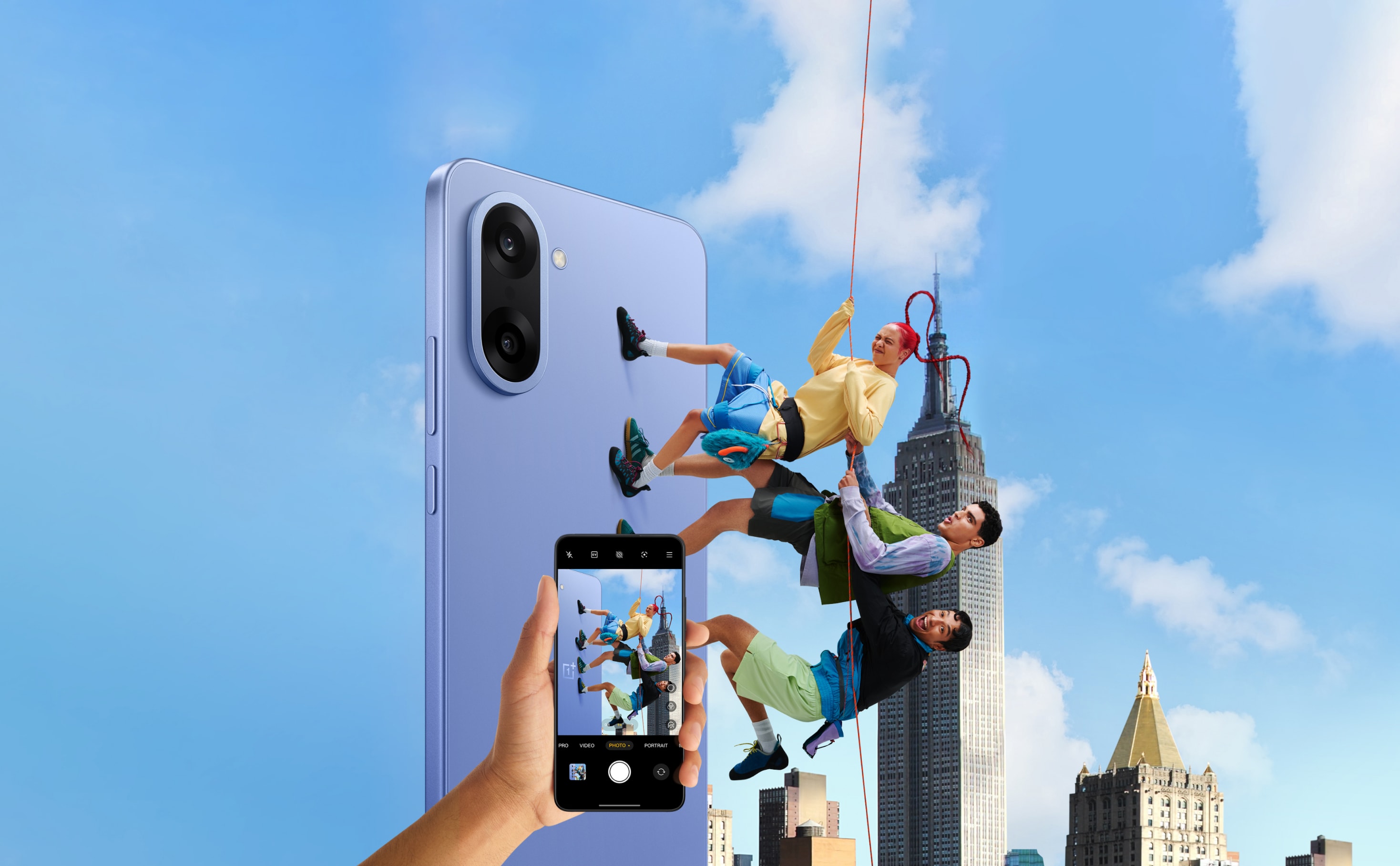 Colorful fun smartphone with people scaling skyscraper in an adventurous pose.