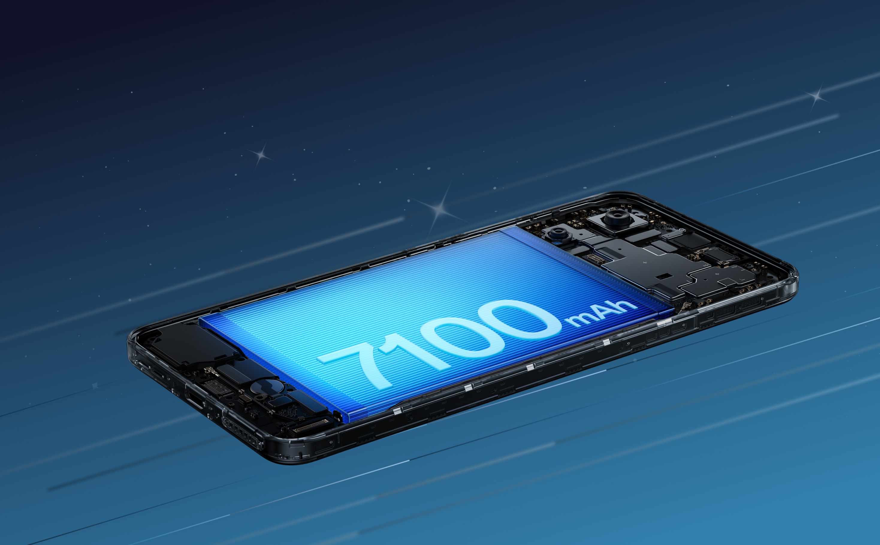 Black and blue smartphone with "7100 mAh" display