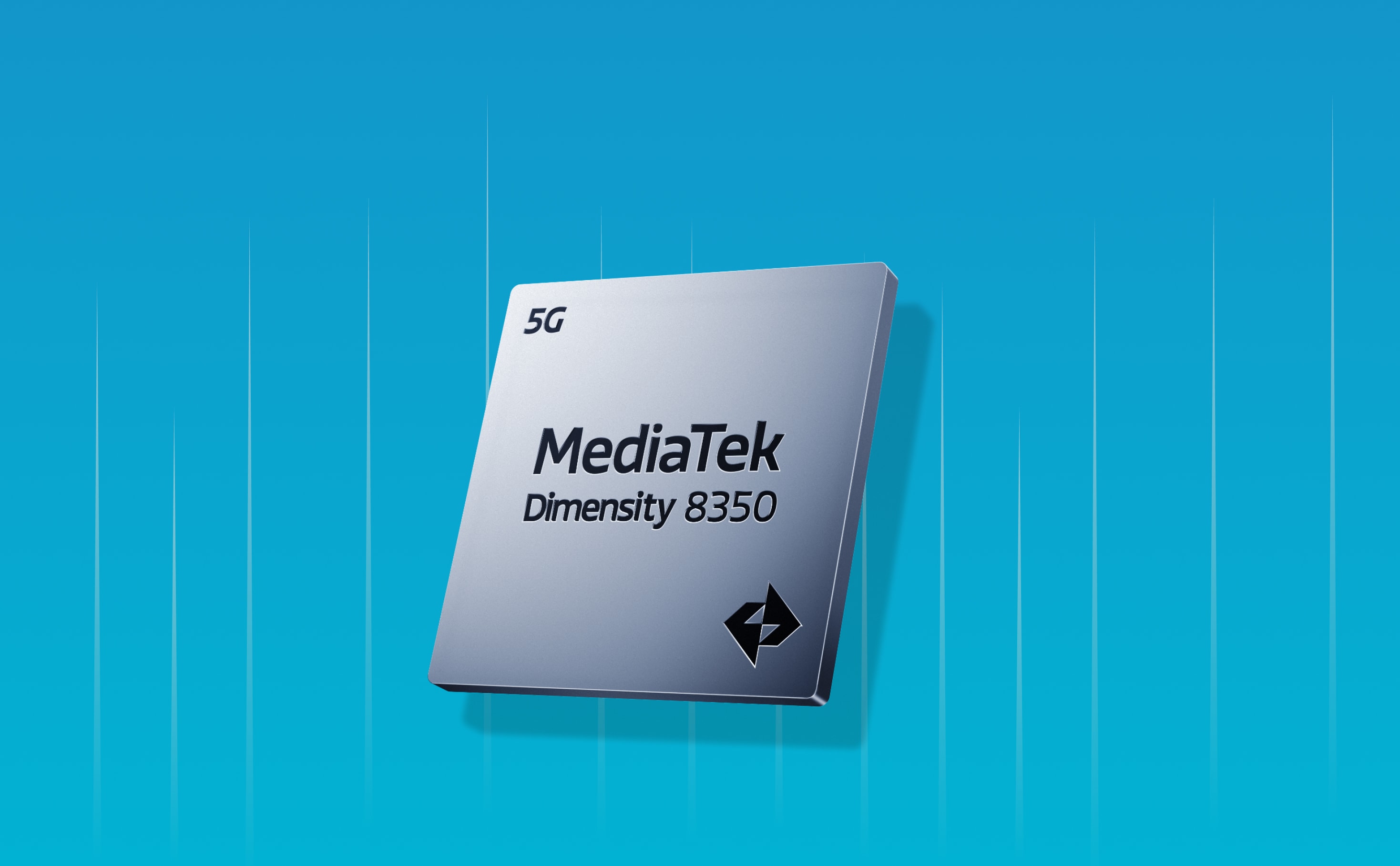 Silver rectangular MediaTek Dimensity 8350 5G processor on blue background.