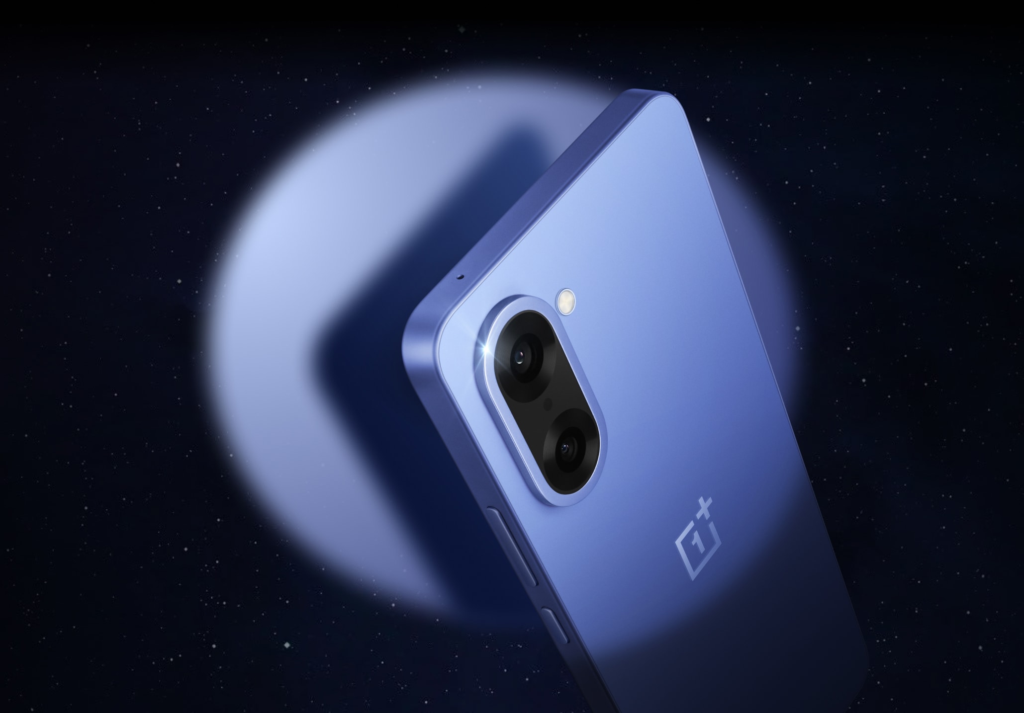Sleek blue smartphone with dual camera in starry night sky.