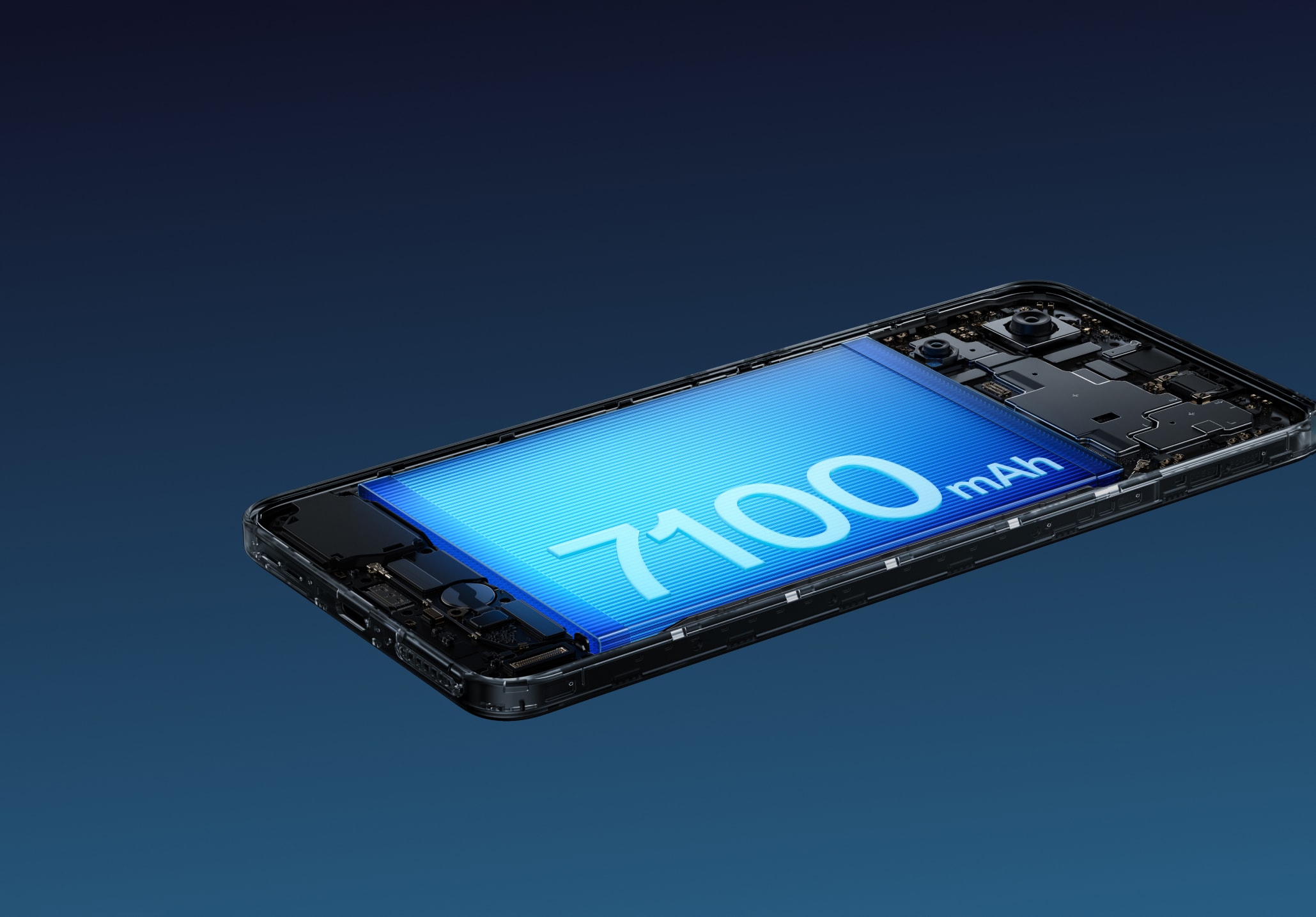 Transparent smartphone with blue 7100 mAh display on dark background.