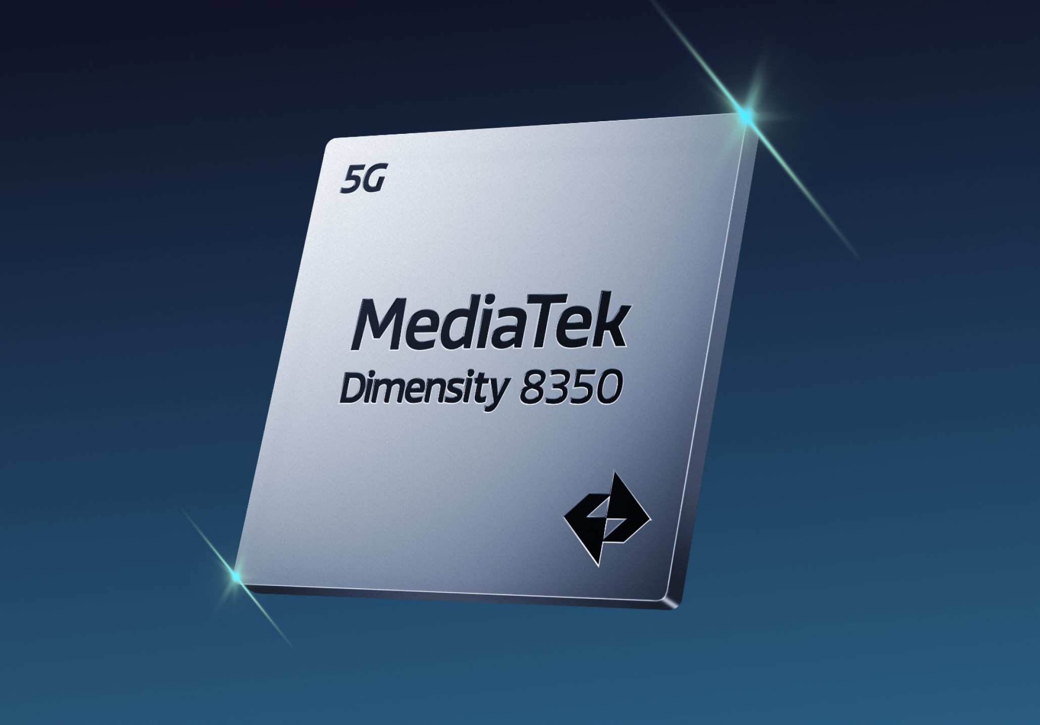 A silver, rectangular 5G MediaTek Dimensity 8350 processor chip against a dark background.