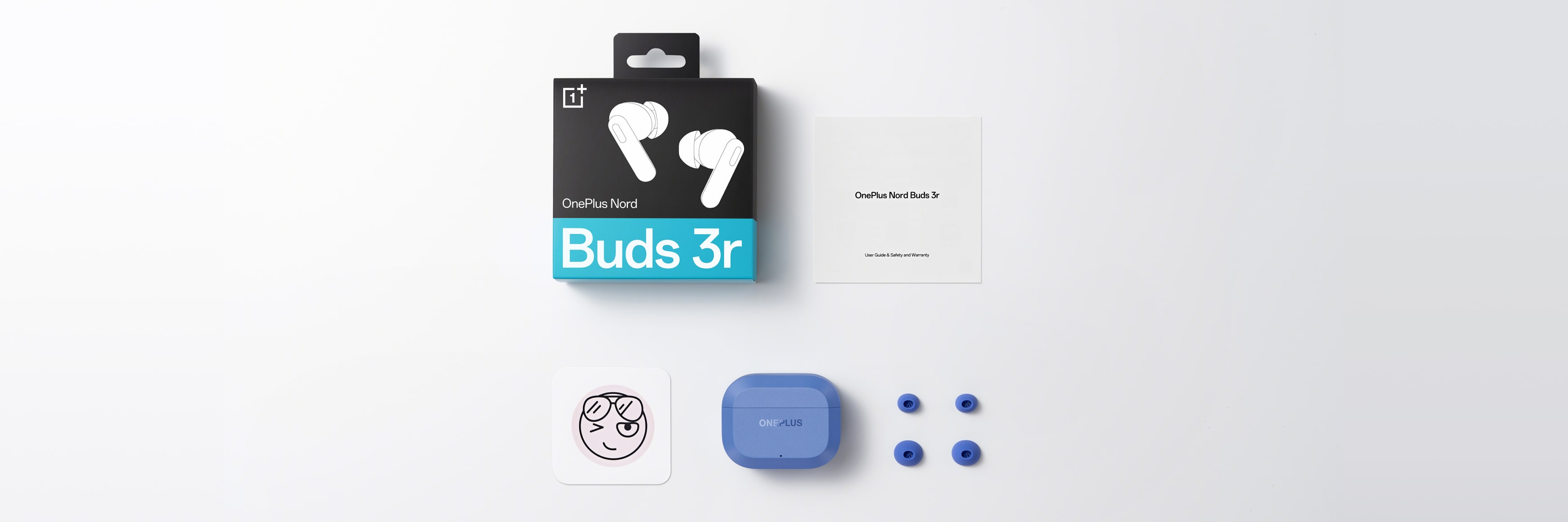 Sleek black and white wireless earbuds packaging with blue accents.