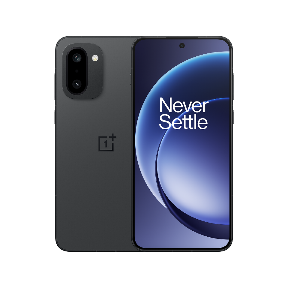 Black rectangular smartphone with dual rear camera and "Never Settle" text on large display.