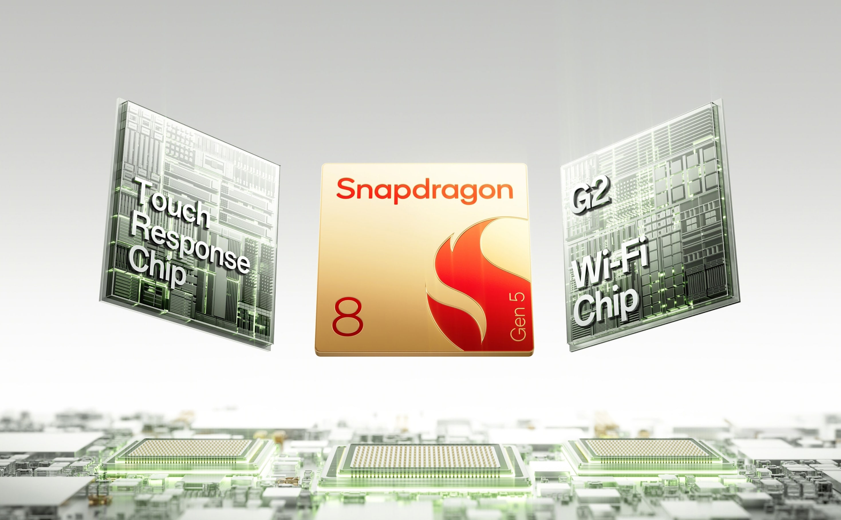 OnePlus 15R 5G Dual SIM 512GB, 12GB RAM Phone - Snapdragon 8 Gen 5 (Global Version) 22 Integrated circuit boards with Snapdragon 8 and WiFi chip technology showcased in metallic colors.