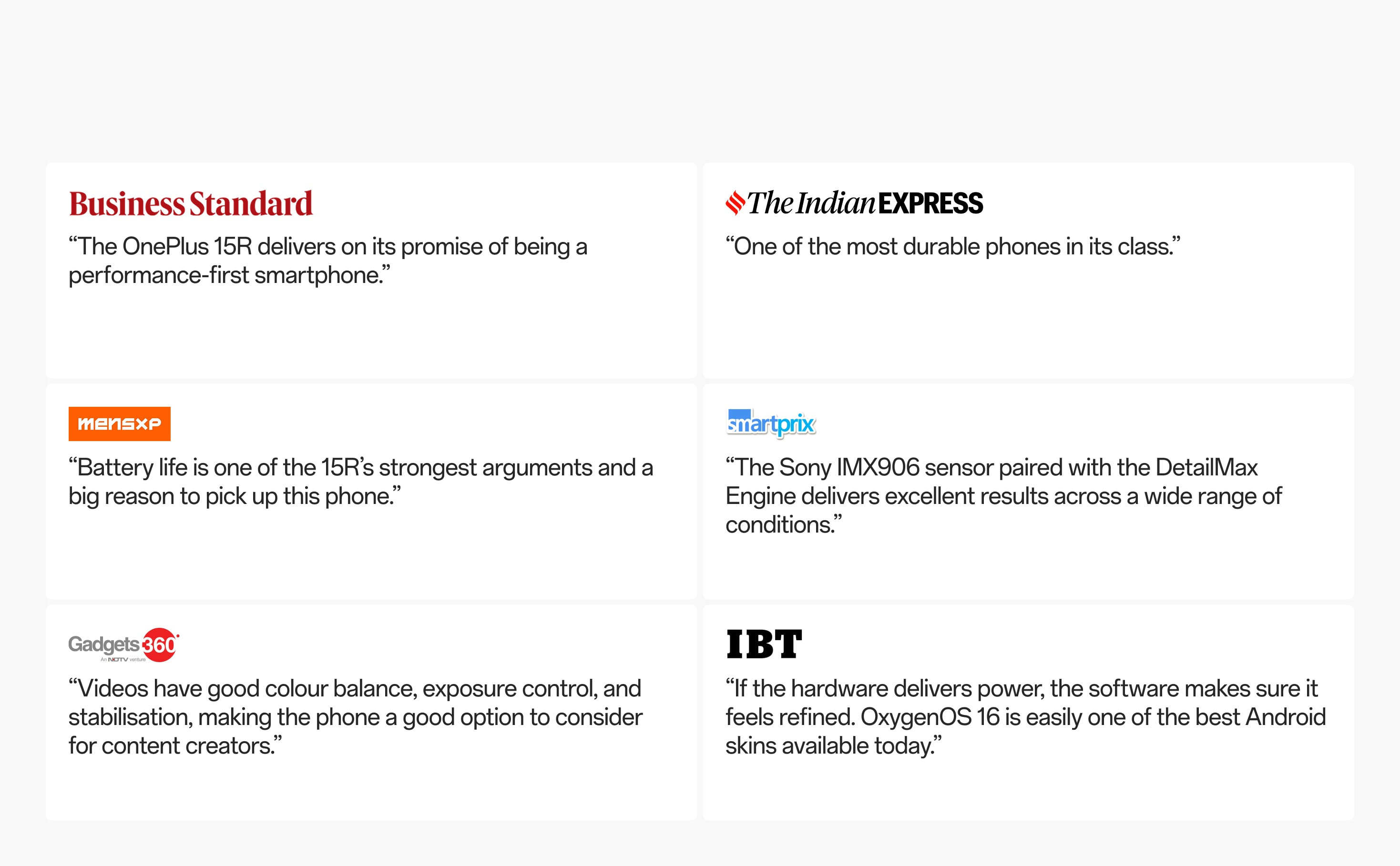 Black text on white background with positive reviews for the OnePlus 15R smartphone.
