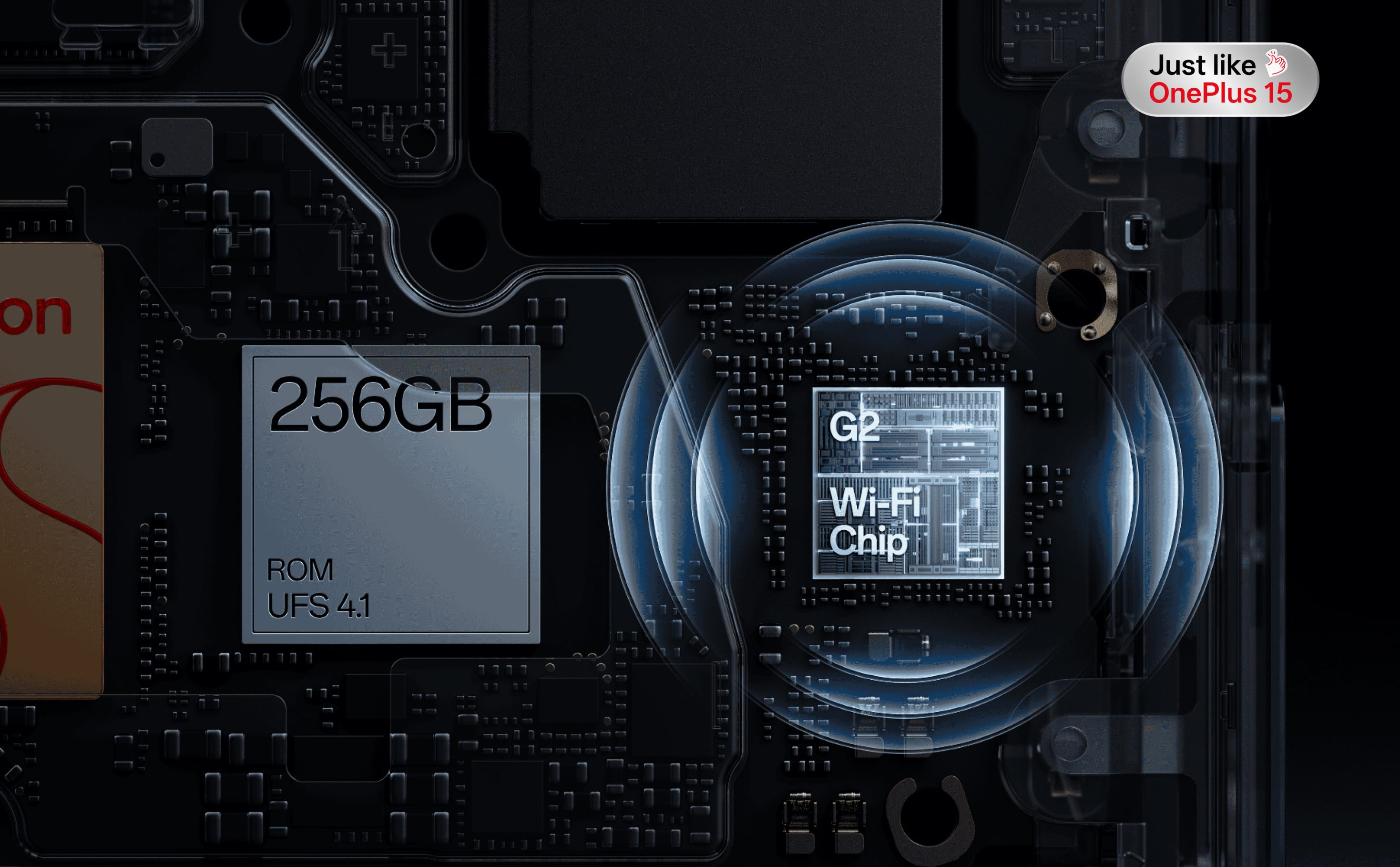 Dark-colored electronic circuit board with 256GB ROM and Wi-Fi chip.