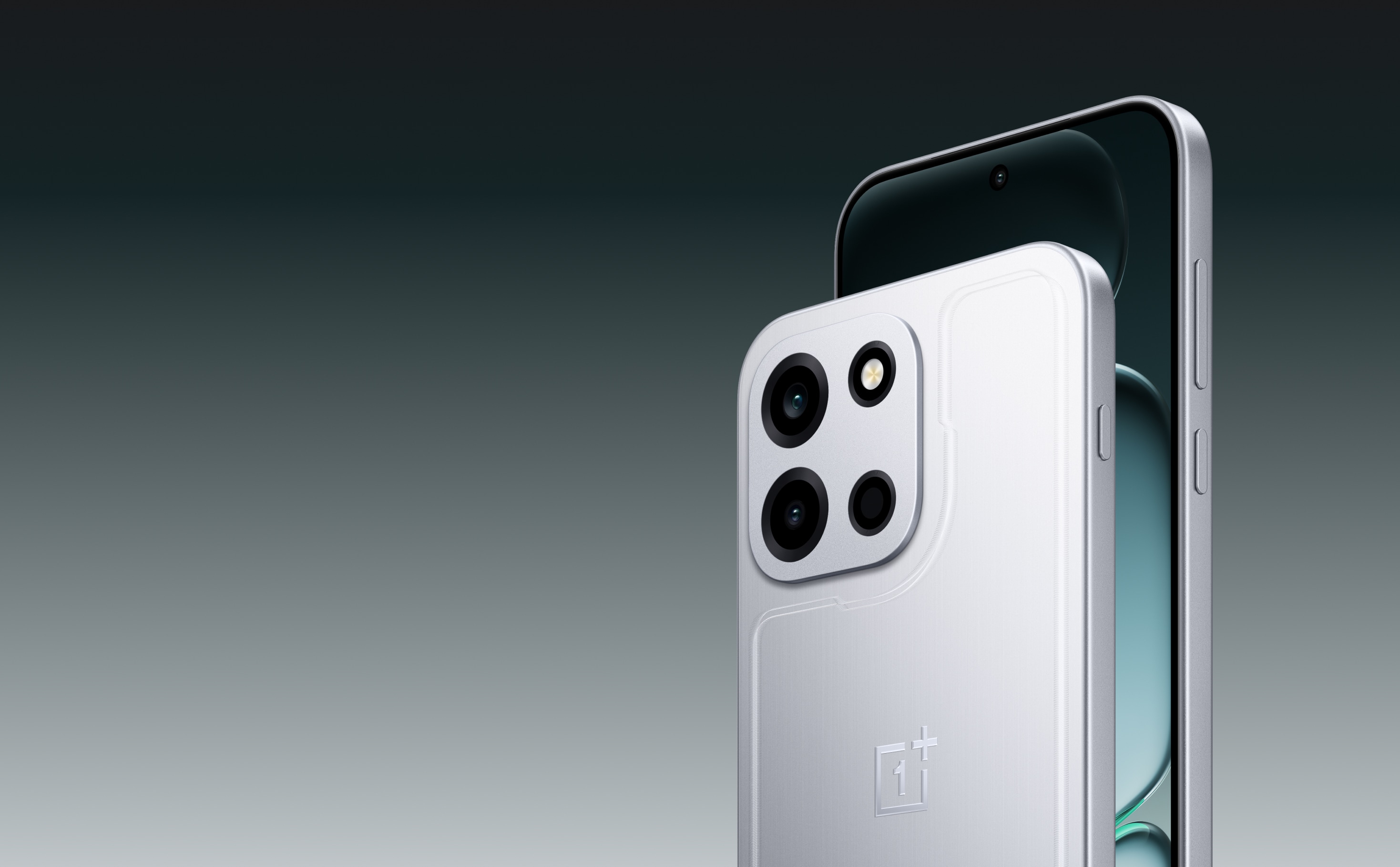 Sleek silver-colored smartphone with large camera array.