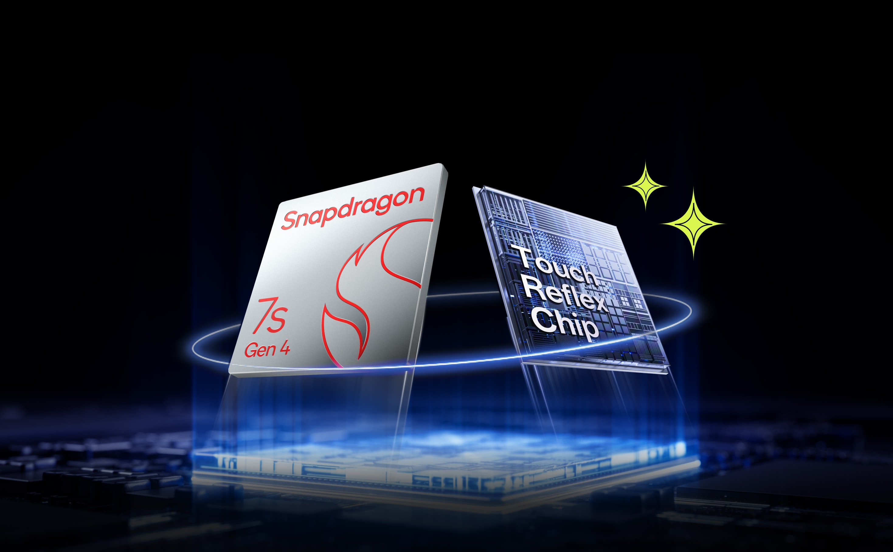 Rectangular white and blue Snapdragon 7s Gen 4 chip with shimmering gradient background.